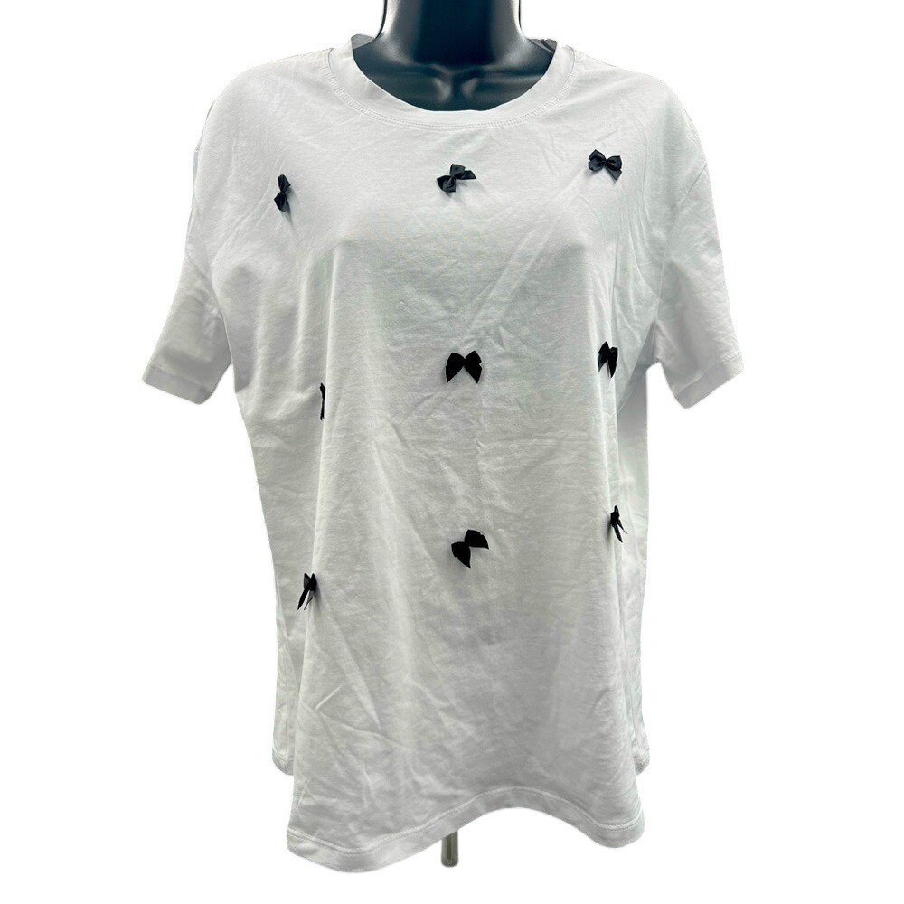 Galita Womens White Short Sleeve T-Shirt with Black 3D Bow Accents Size S